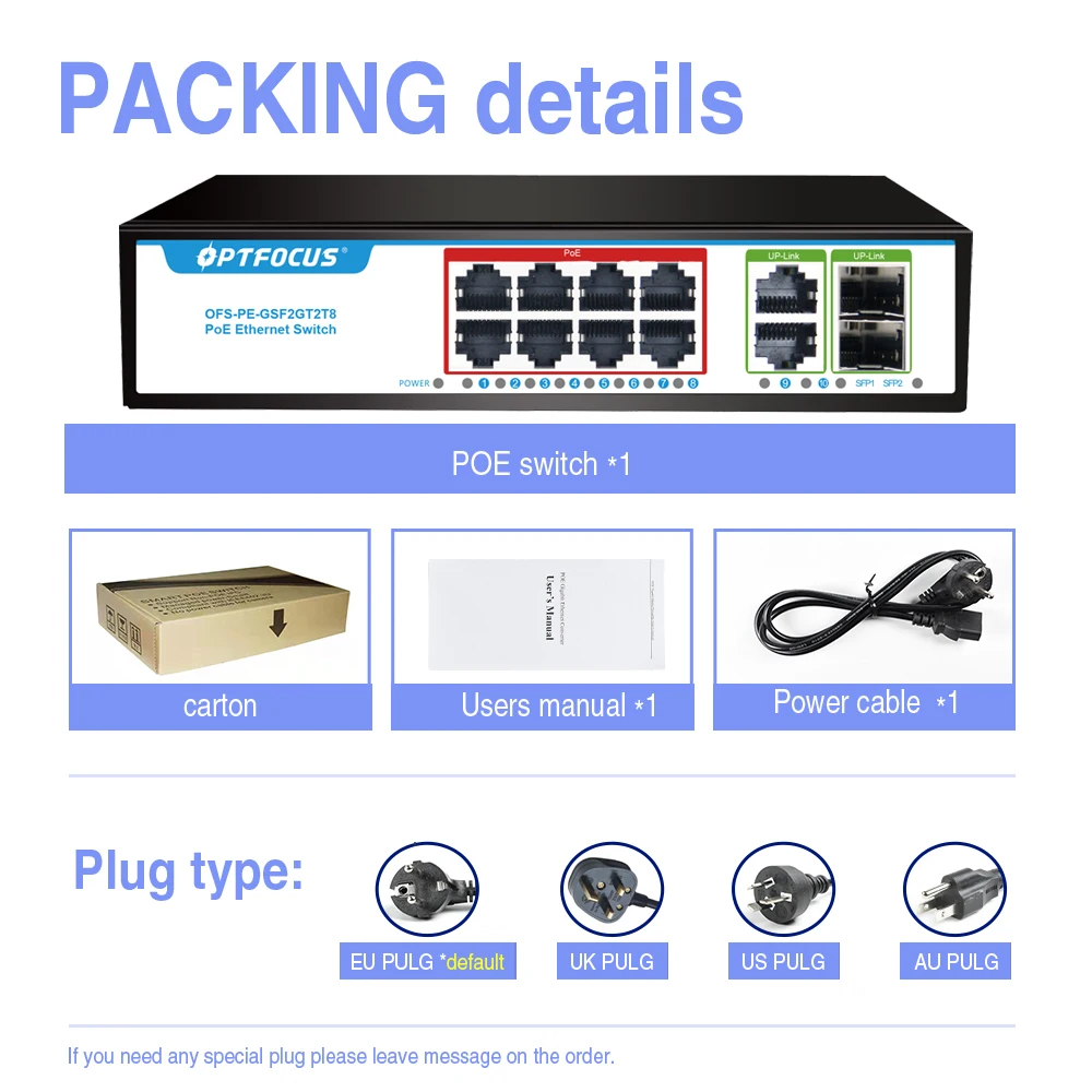 OPTFOCUS 120W 8 gigait poe+2 RJ45+2 SFP Gigabit fiber Durable PoE+ SFP Fibra 8 portas Ativo Passivo Sfp Poe 48v Gigabit Switch