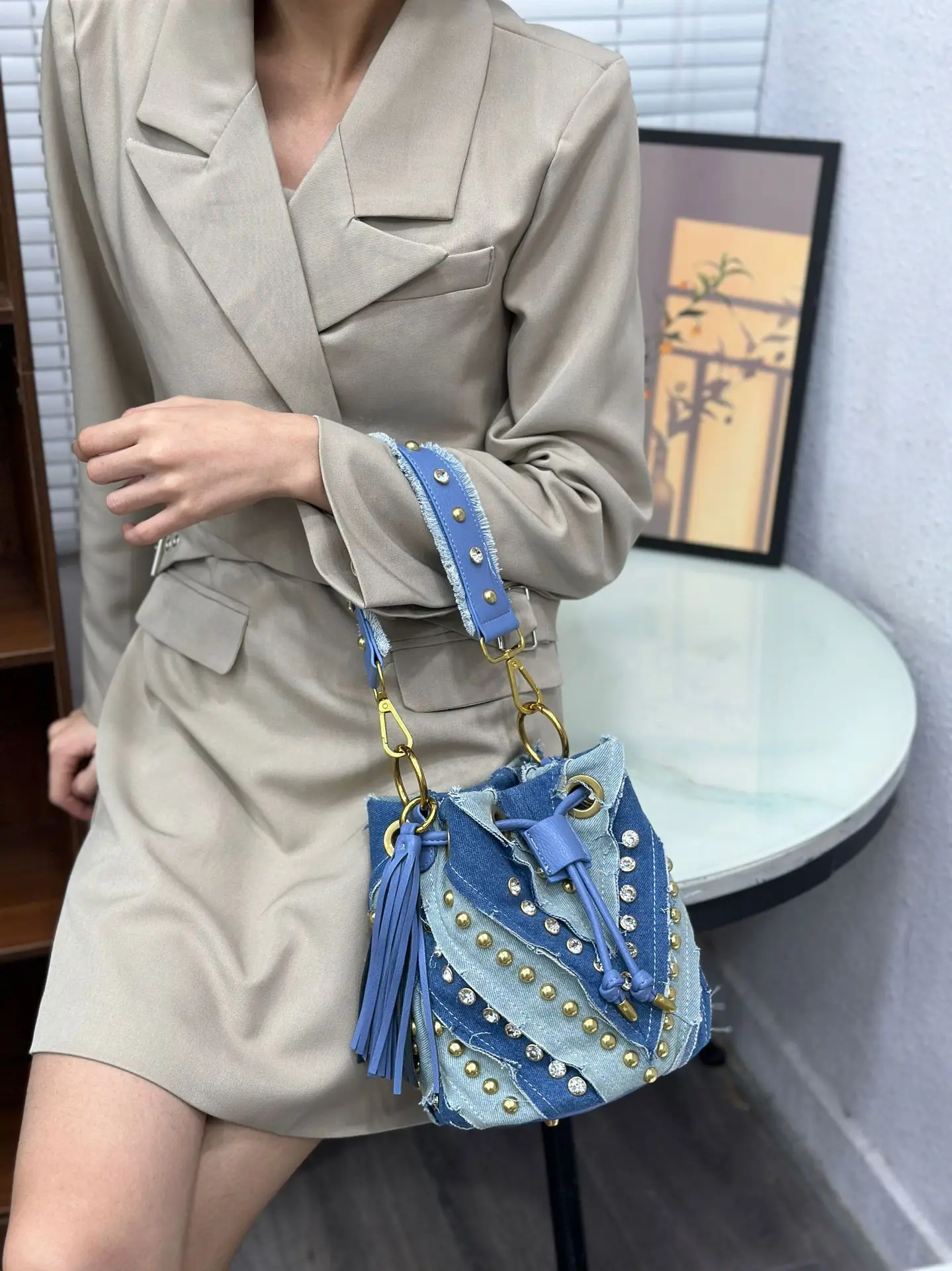 Light Luxury Fashionable Diamond Inlaid Handbag Advanced Denim Rivet Shoulder Bag American Style Women's Crossbody Bag New