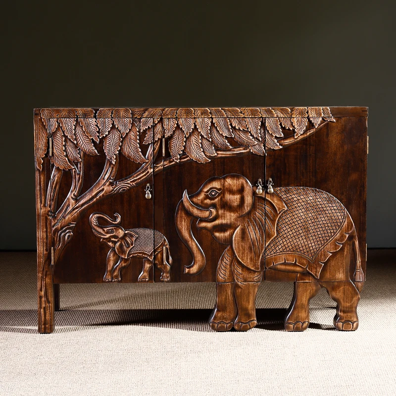 Y Vintage Solid Wood Relief Elephant Entrance Cabinet New Chinese Style Storage Cabinet