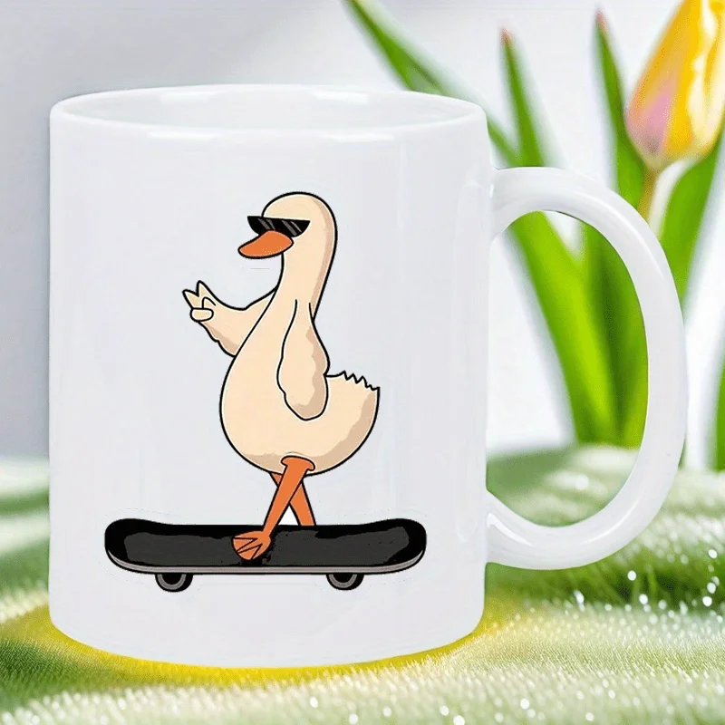 

Funny Skateboarding Duck Ceramic Mug - Insulated Reusable Coffee Cup with Fashion Glasses Design, Hand-Wash Only White Mug - Coo