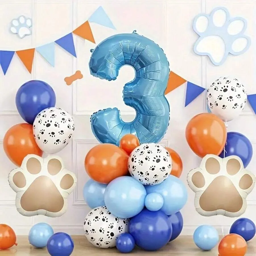 Ballons de fête d'anniversaire à thème patte d'animal, 22 pièces/ensemble, chiffre bleu nacré de 40 pouces, pour fête d'anniversaire d'animal, pour les amoureux des chiens