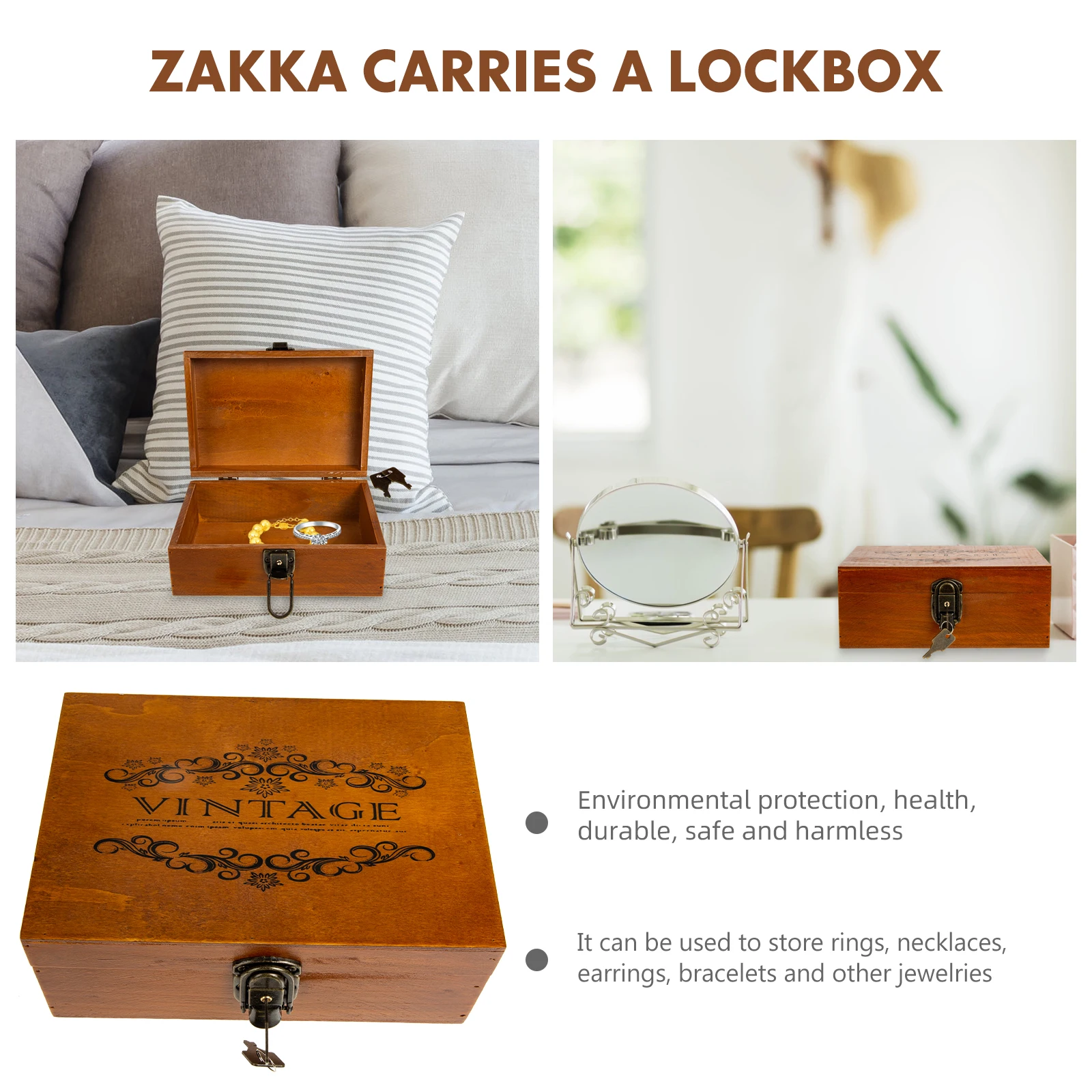 

Wooden Jewelry Box Lock for Rings Necklaces Earrings Bracelets Dust Proof Storage Container Bedroom Living Room Retro Style