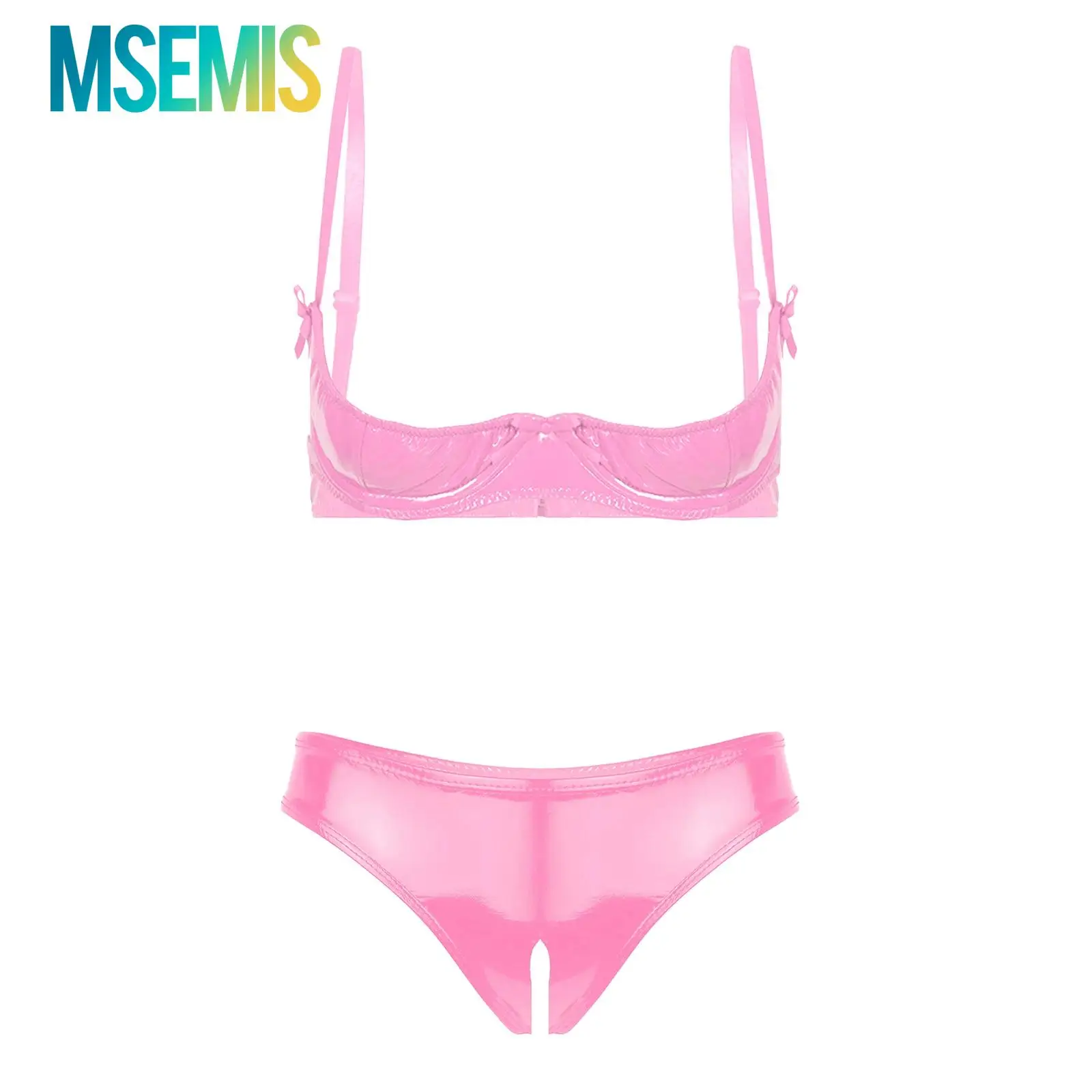 

Женское блестящее пикантное нижнее белье из лакированной кожи, комплект нижнего белья, бюстгальтер на косточках с регулируемыми бретелями и открытой грудью и трусы с открытой промежностью