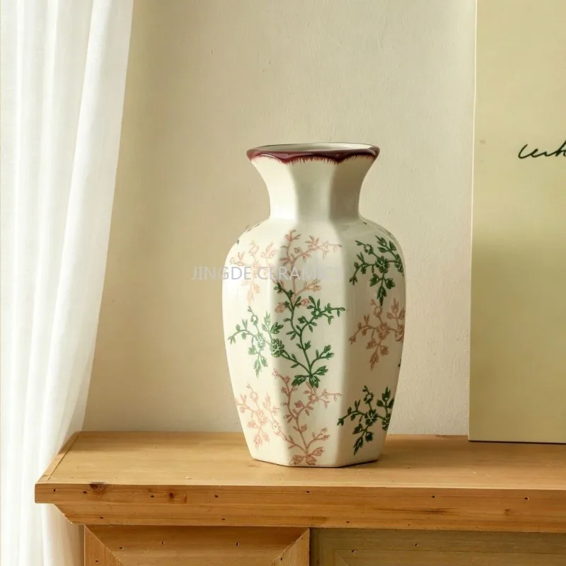 1pc Ceramic Flower Pattern Vase, Octagonal Ceramic Vase, Home Decoration, Desktop Decoration, Decorative Ceramic Vase S/L