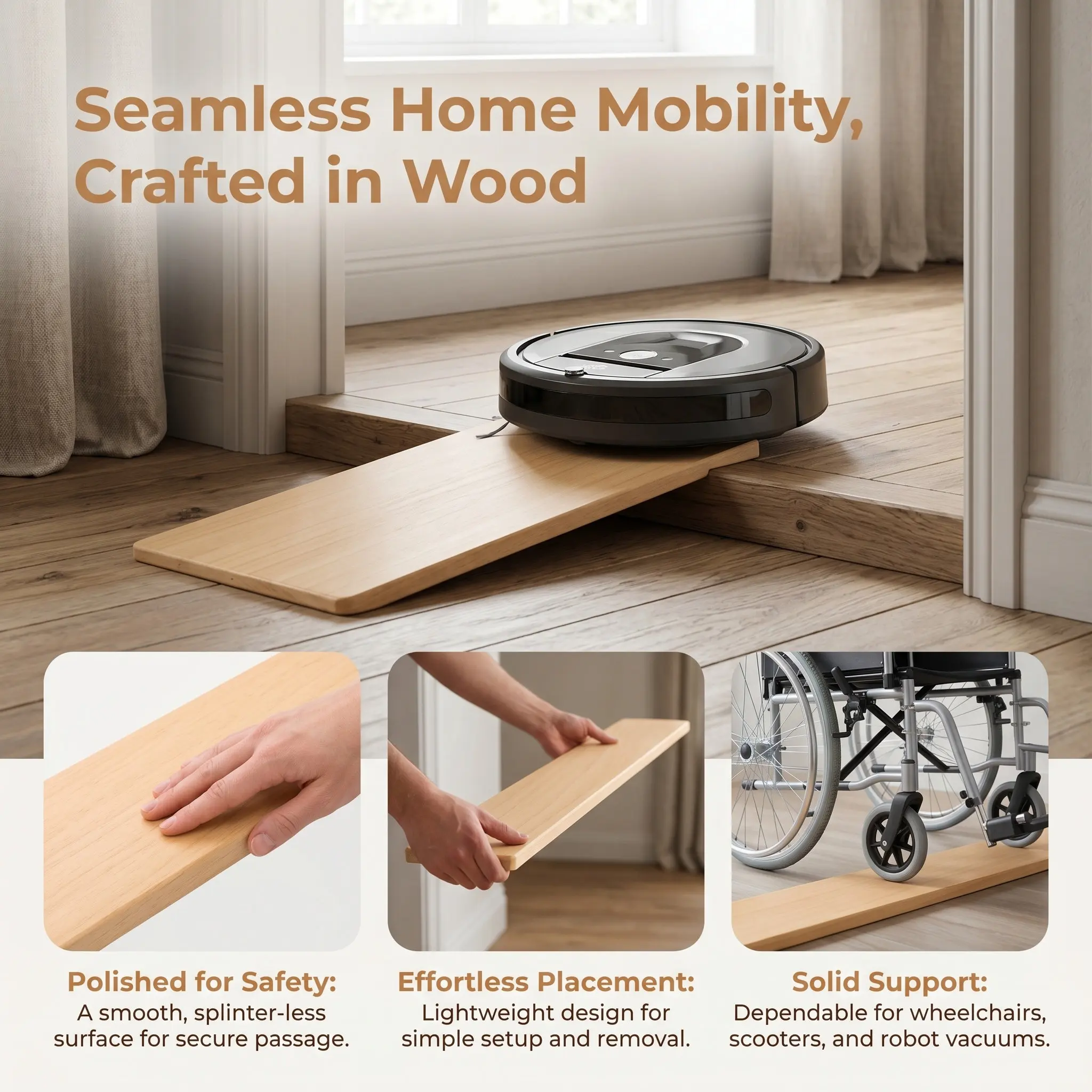 2Pcs Solid Wood Threshold Ramp Cushion for Wheelchairs Robot Vacuums Smooth Doorway Step Transition Portable Heavy Duty Entry