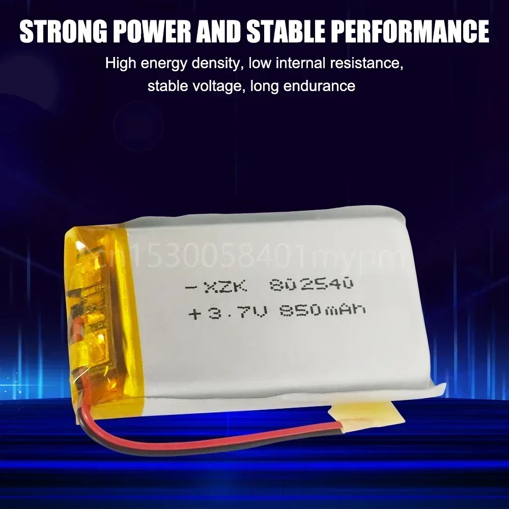 3.7V 850mAh 802540   Batería recargable de polímero de litio para GPS, luz LED, Altavoz Bluetooth, pequeño ventilador, Drone, celda Li-ion li-po