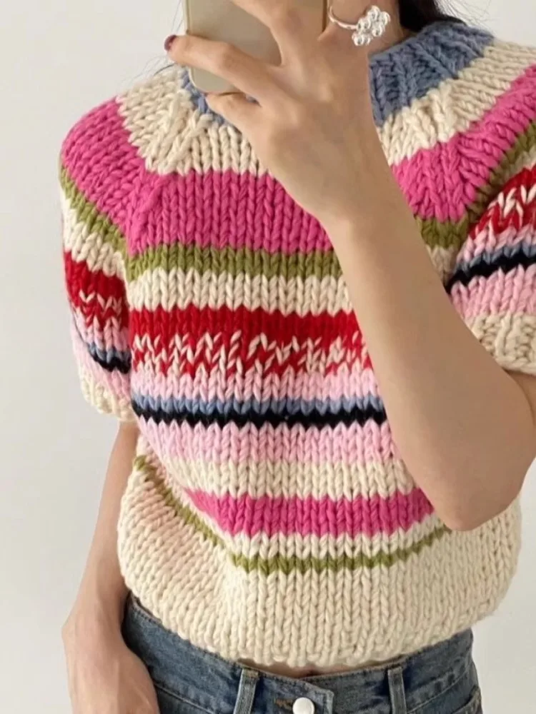 

Korean Heavy Vintage Colorful Striped Sweaters Loose Short Sleeve Knitted Pullover 2025 Autumn Enw O-neck Tops Women T Shirts