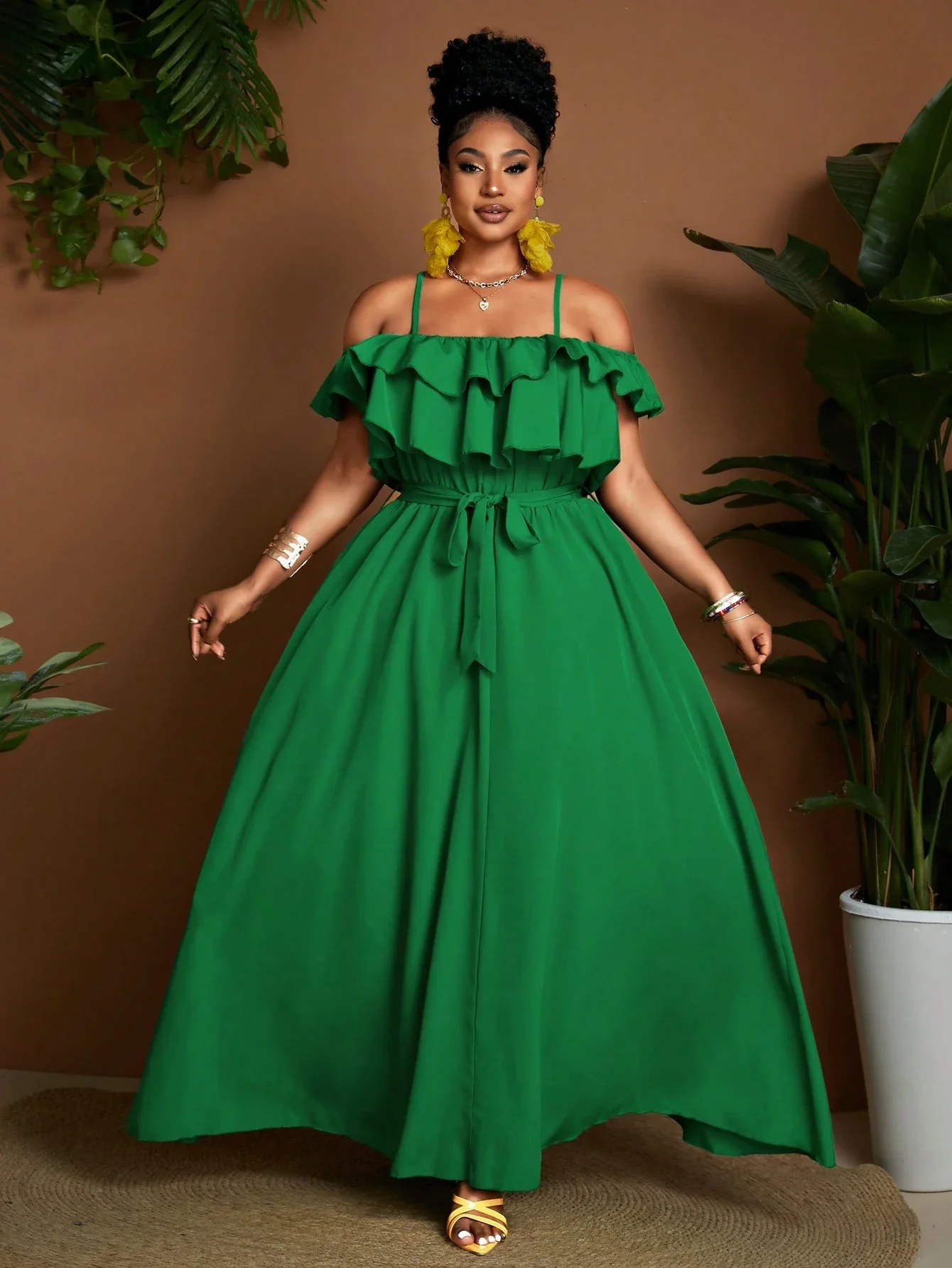 

Plus Size Women Off Shoulder Ruffle Solid Green Elegant Maxi Dress Beach Vacation