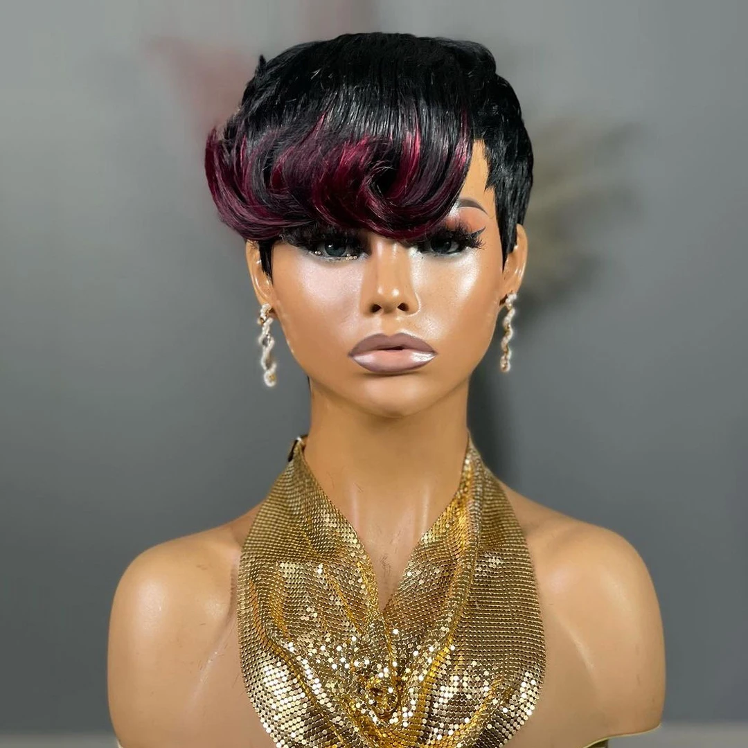 99J Short Pixie Cut Wigs For Black Women Human Hair Highlight Burgundy mix Black Short Bob Wigs Full Machine Made Wigs Short Wig