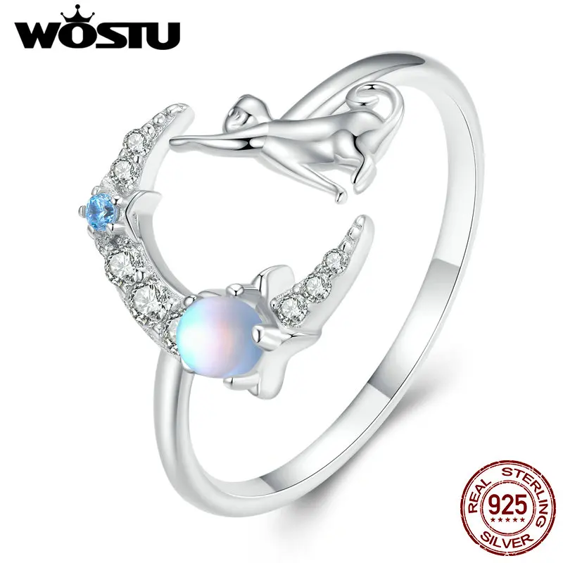 WOSTU Real 925 Sterling Silver Moonstone Open Rings for Women Lovely Moon Cat Adjustable Cocktail Ring Party Jewelries Gift R315