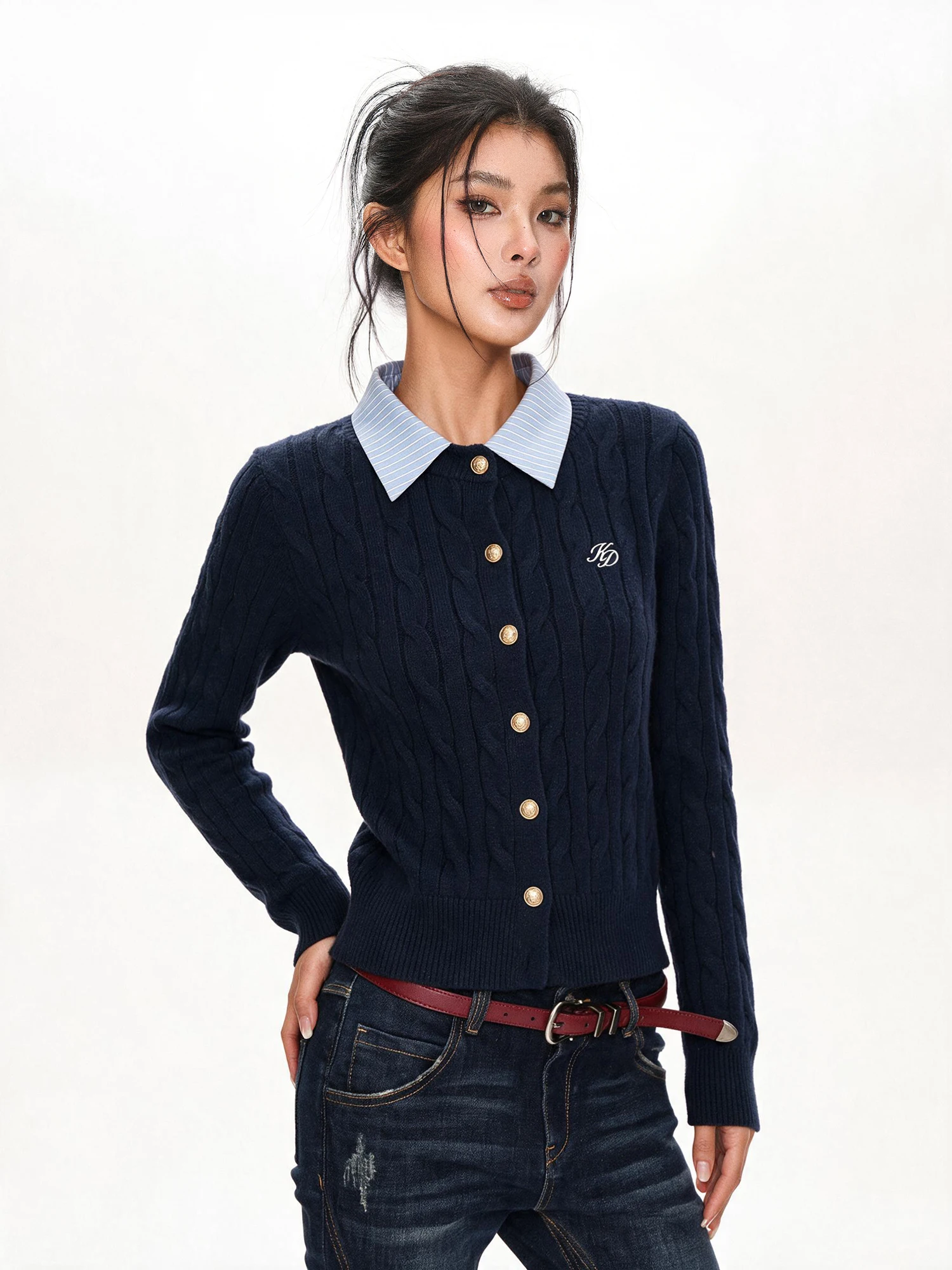 Gray Knitted Sweater Fake Two-Piece Women's Early Autumn College Style Long Sleeve Cardigan Knitted Top Commute Style Slim Fit