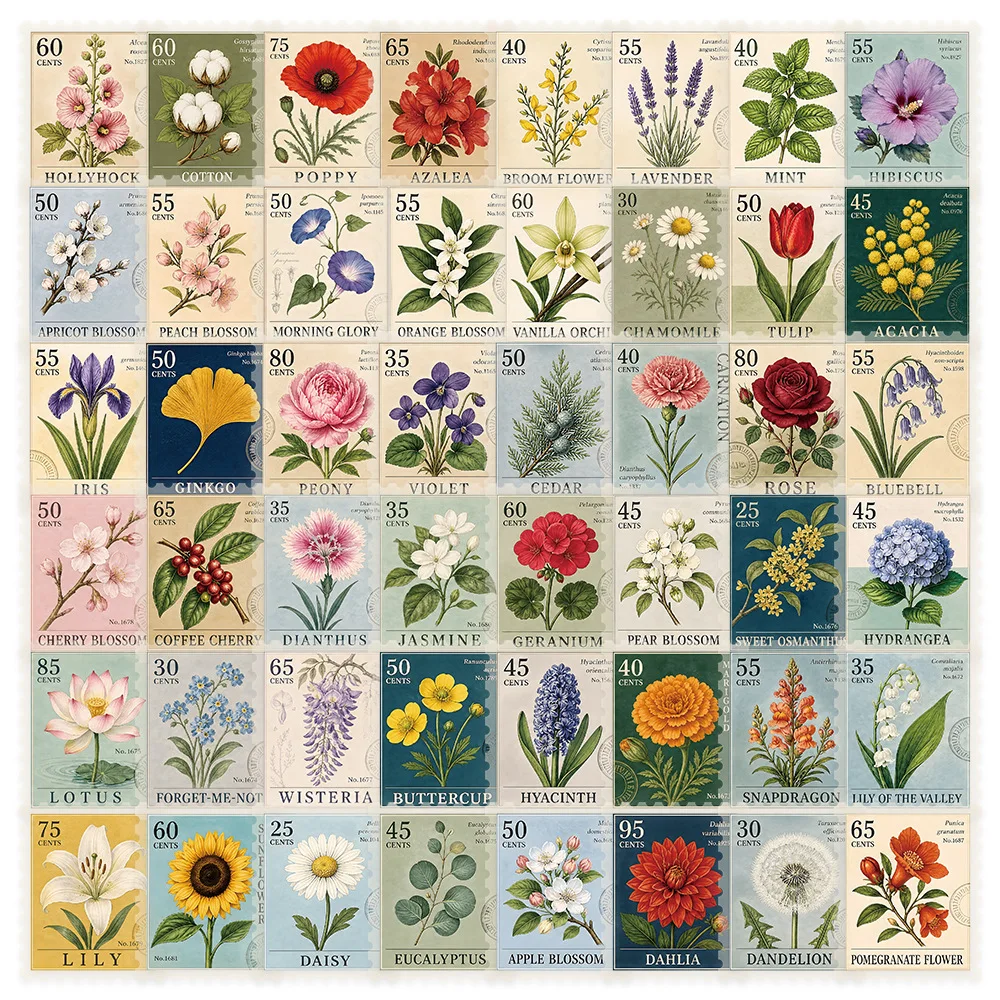 50Pcs Vintage Plant Floral Stamp Stickers Cartoon Phone Case Guitar Notebook Decorative Waterproof Decals