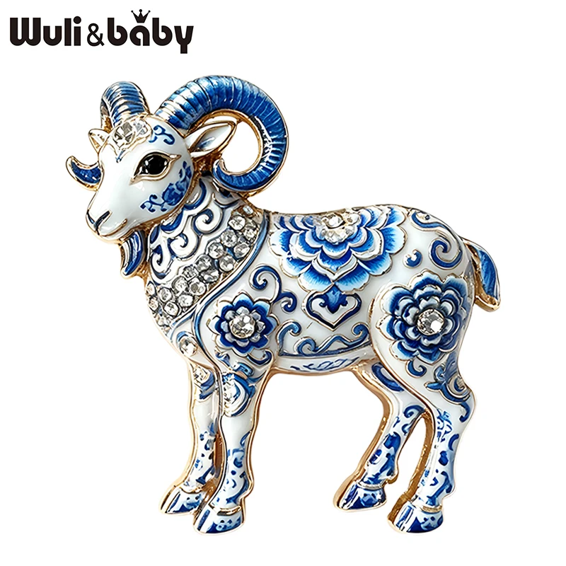 Wuli&baby Ziegenbroschen im blau-weißen Porzellandesign für Damen und Herren, Tierbroschen für das Jahr des Schafs, Partybroschen, Neujahrsgeschenke
