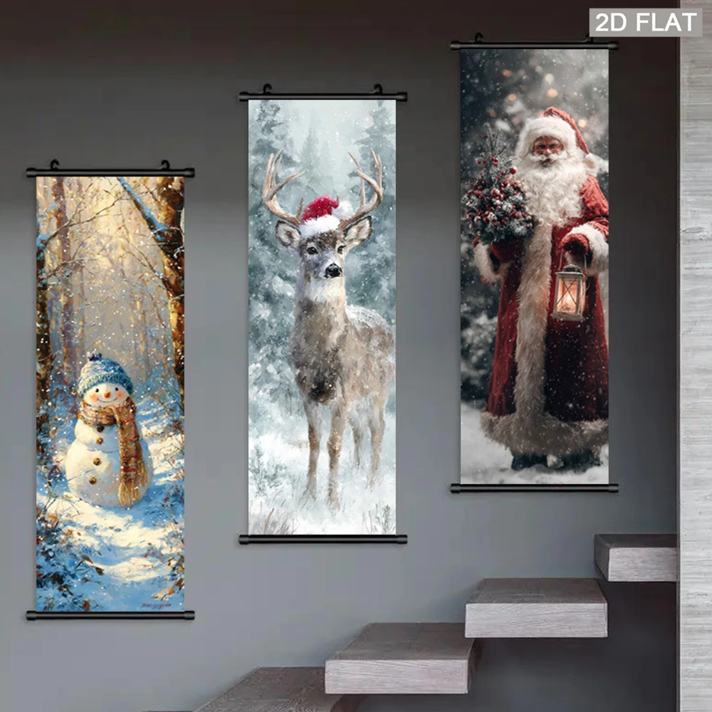 VIKAMA Vintage Christmas Winter Scroll Tapestry, Snowman, Reindeer, and Santa Claus Wall Decor, Christmas Home Decor