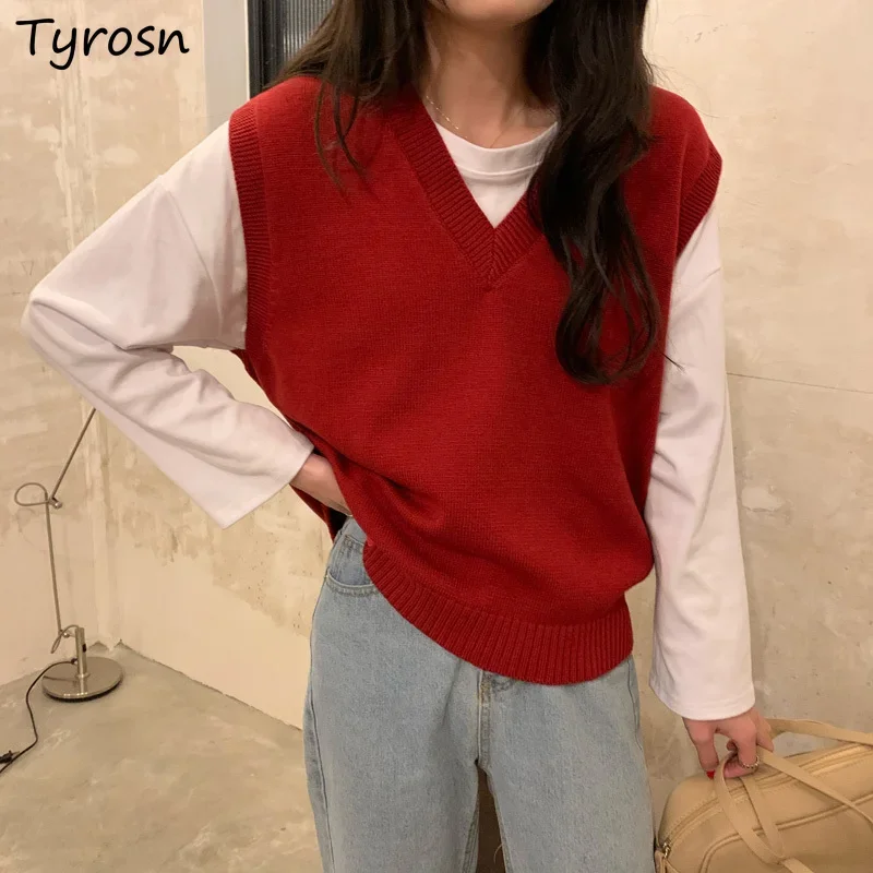 

Solid Sweater Vests Women V-neck Loose Leisure Temperament Ladies Side-slit Stylish Tender All-match Ulzzang Harajuku Jumpers