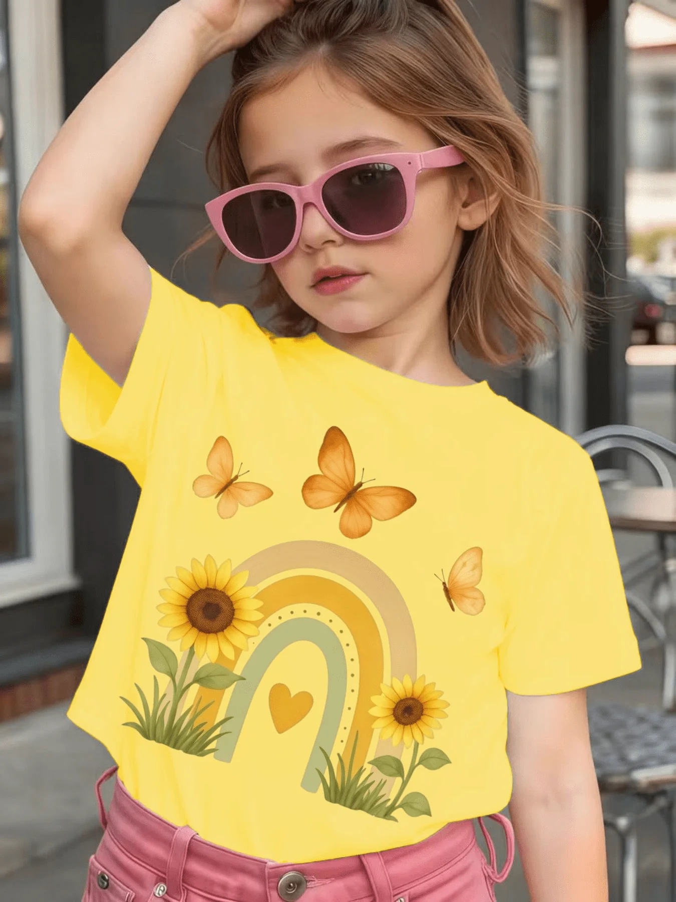 Lovely Rainbow Sunflower Butterfly Kids T Shirt Heart Pattern Tops Boys Girls Parent Child Matching Cotton Summer Children Wear