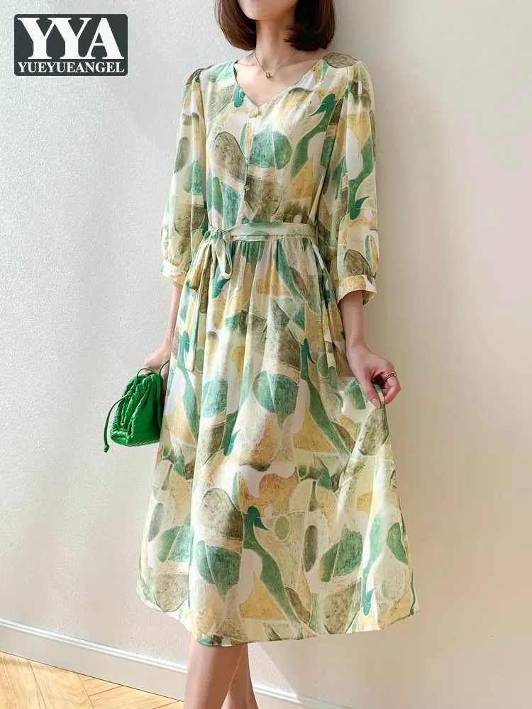 Elegant Laides New Summer Printed Silk Dress V-Neck Three Quarter Sleeve Casual Fashion A-Line Long Dresses Design Women Dress