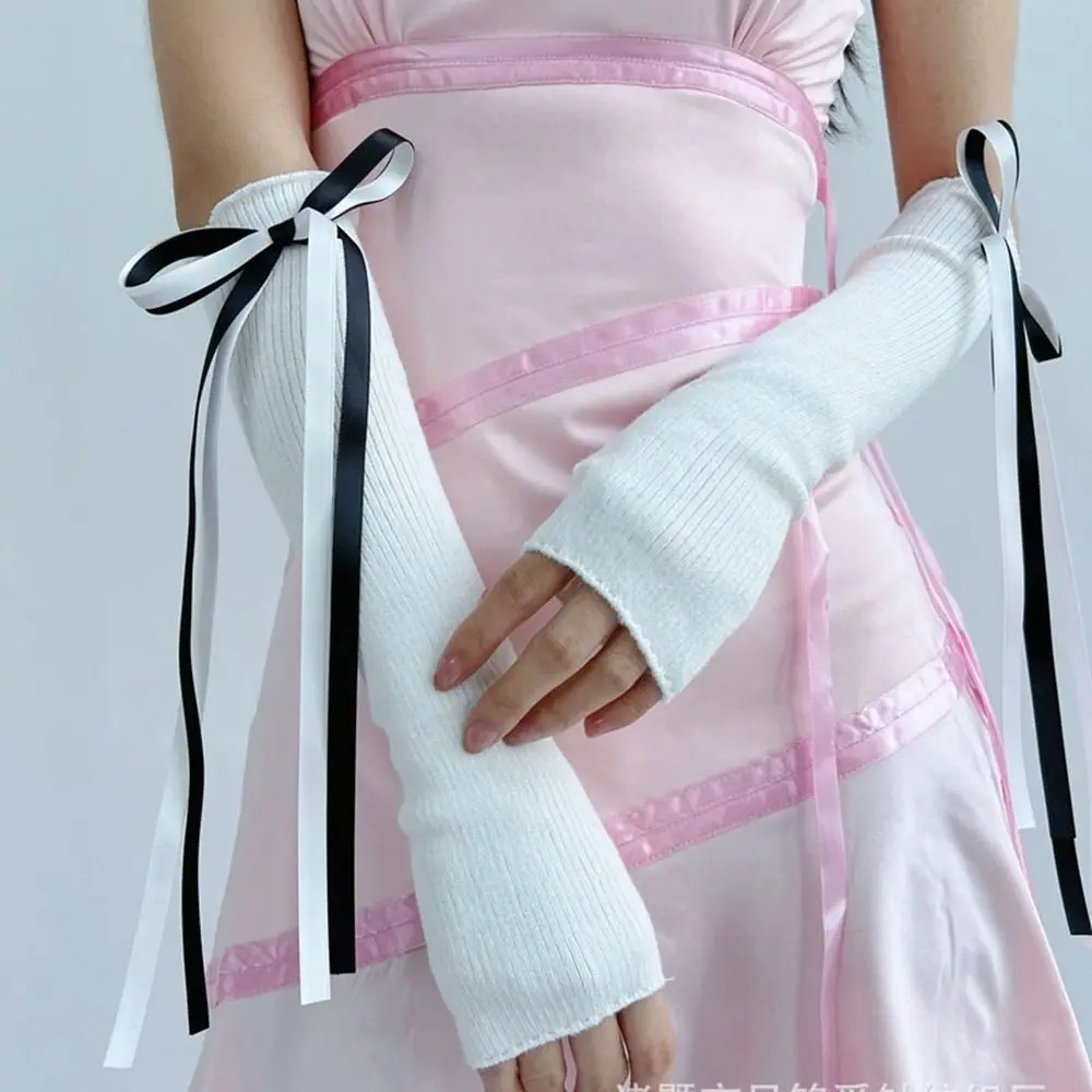 Manoplas largas elásticas Y2K con lazo, calentadores de brazos de punto, estilo coreano, guantes sin dedos, dulce, JK