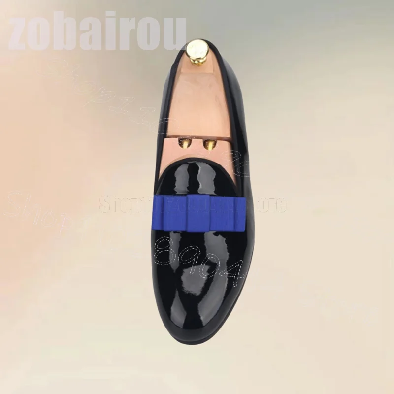 

Blue Bow Knot Decor Black Patent Leather Loafers Fashion Slip On Men Shoes Luxury Handmade Party Banquet Office Men Dress Shoes