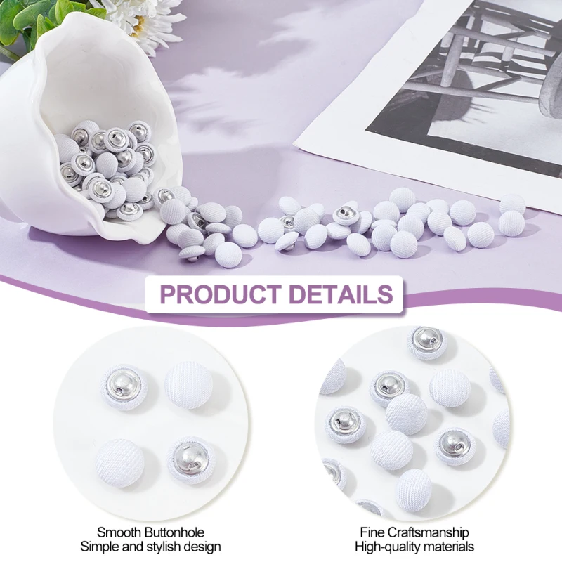 100 Pcs Fabric Covered Button, 10mm White Fabric Metal Shank Buttons 1-Hole Fabric Cloth Covered Round Buttons Crafting Sewing