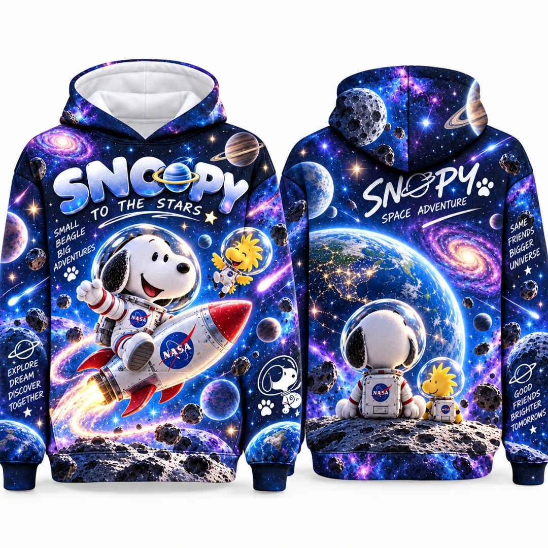 Snoopy Astronaut Space Galaxy Kids Hoodie Boys Girls Pullover Hooded Sweatshirt Cartoon Universe Planet Long Sleeve Tops