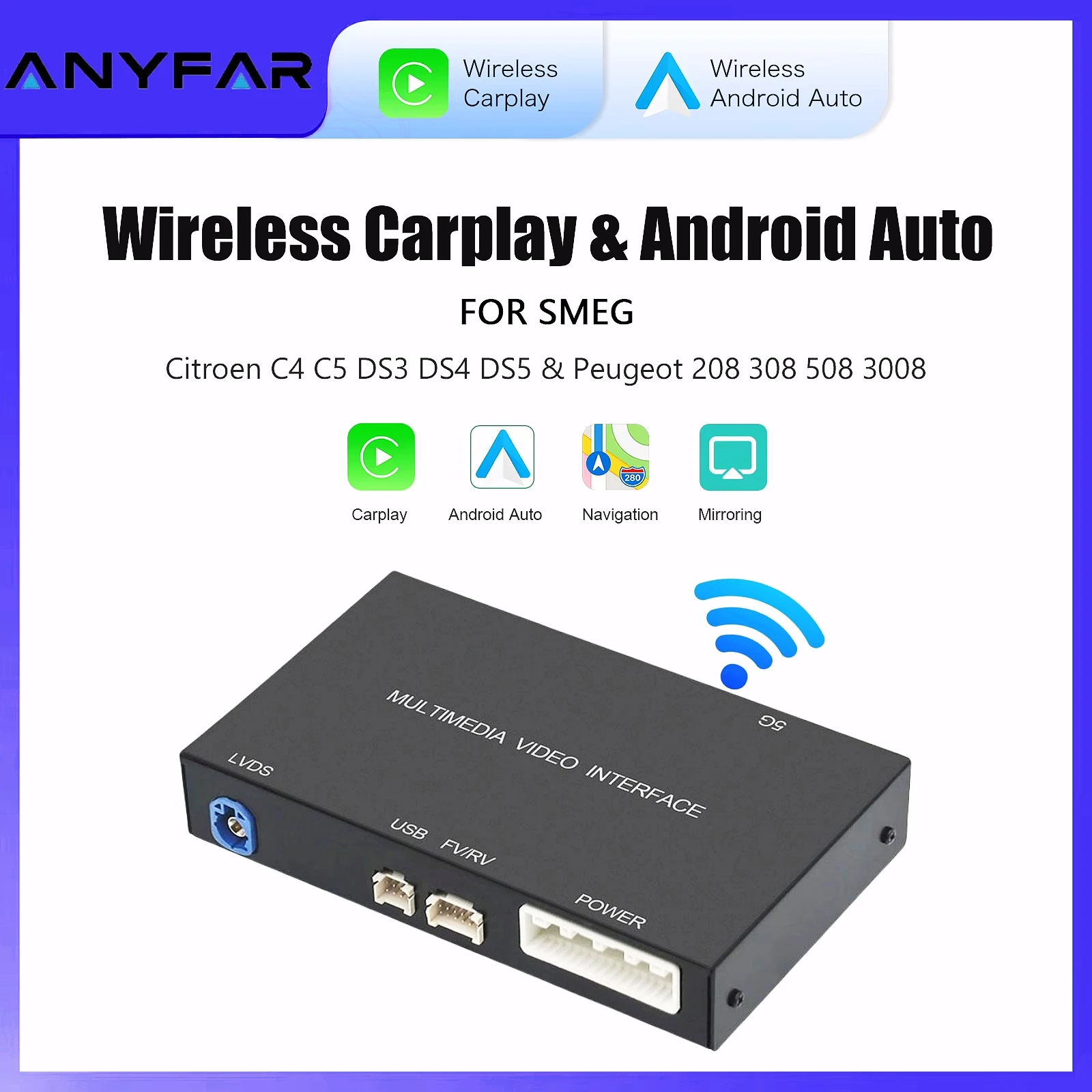 ANYFAR Wireless Carplay Android Auto Module For Peugeot 208 308 508 3008 Citroen C4 DS3 DS4 DS5 SMEG MRN Mirror Link Multimedi
