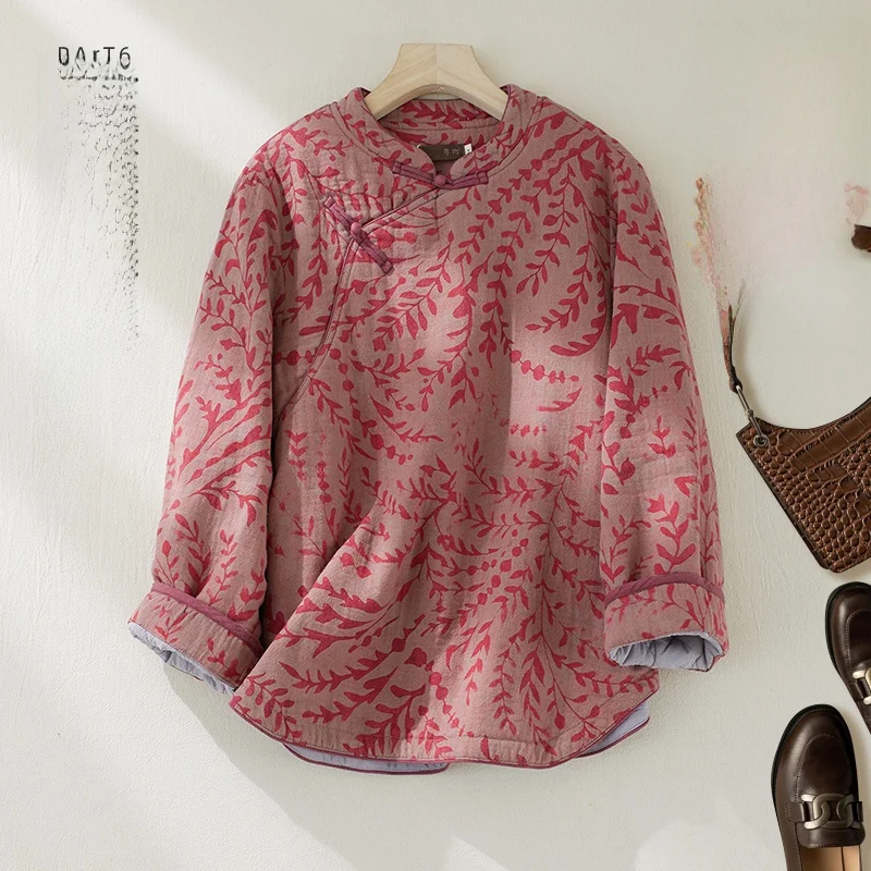 

Retro Button up Cotton Padded Long Sve Warm Coat Loose Fit Large Size Winter Women's Faion Chinese Sle Stand Collar Ja...