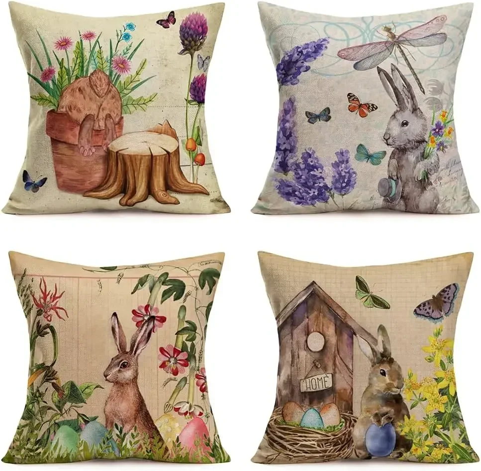 Spring Easter Pillowcase Flower Hydrangea Butterfly Dragonfly Happy Colorful Egg Throw Pillowcase Home Sofa Cushion Cover