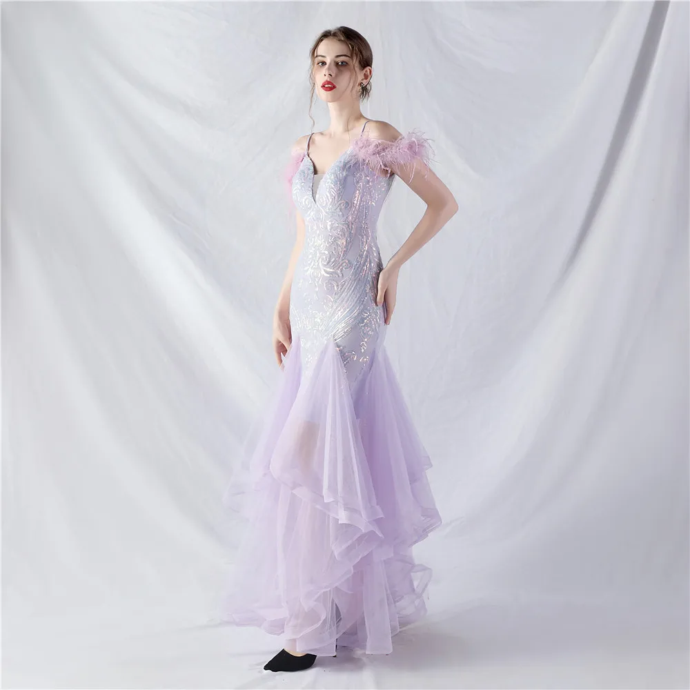 Dearmly Lavender Mermaid Formal Evening Dress 2024 Stunning Sequins Feathers Long Wedding Party Prom Gowns Dropshipping