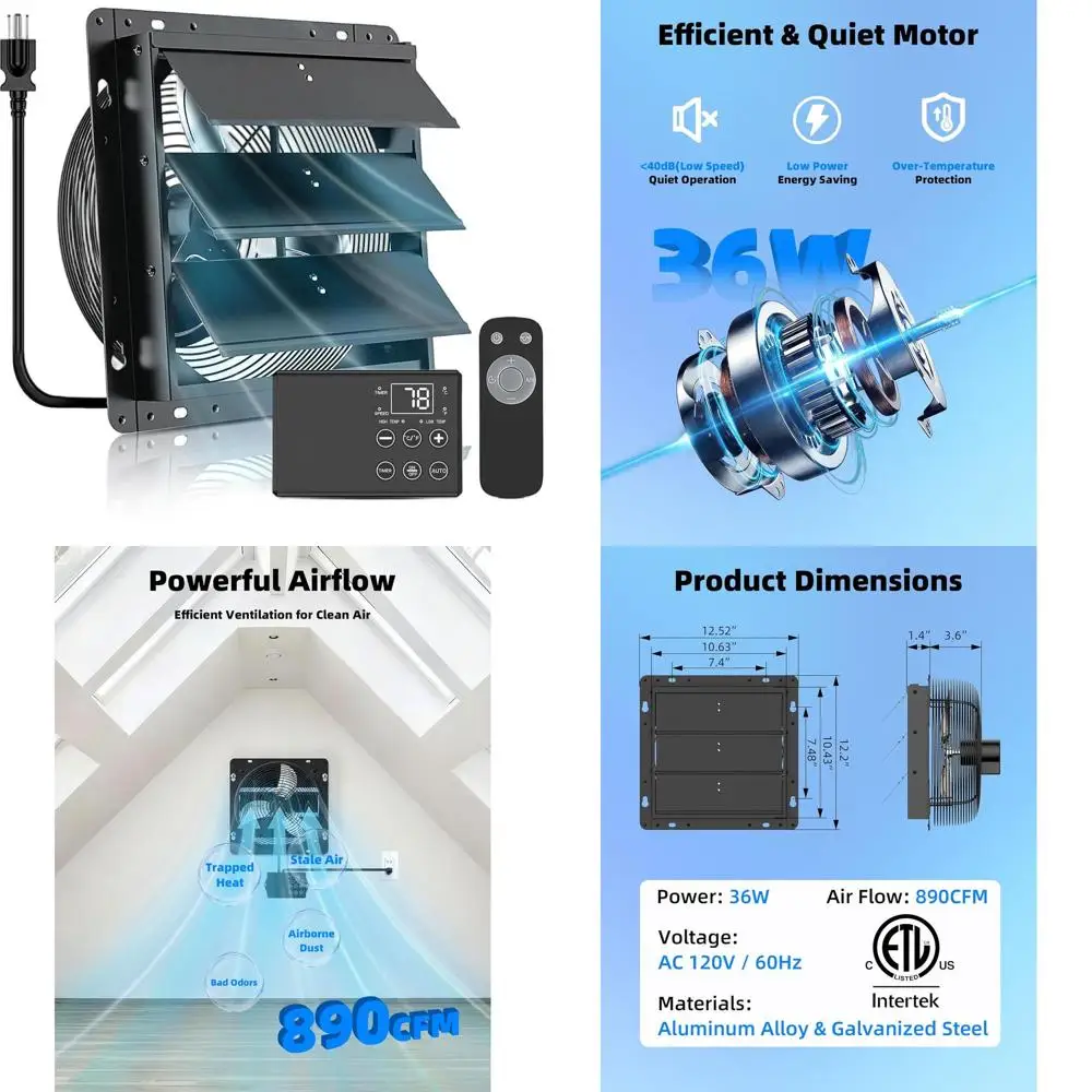 

10 Enhanced Shutter Vent with Temperature Control and Remote, Wall-Mounted for Garages, Attics, Greenhouses, Sheds, and Chicken