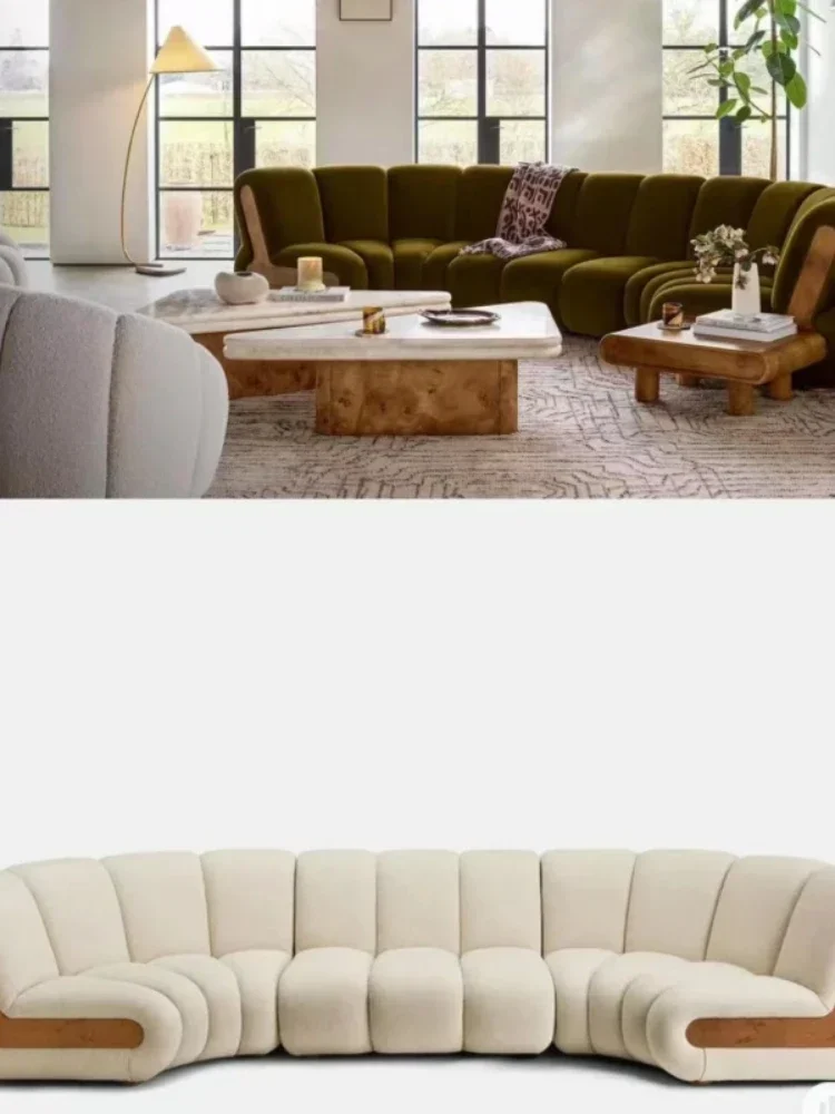 Minimalist Large Flat Living Room Small Waist Sofa Teddy Plush Milky White Cream Style Line Circular Arc Sofa