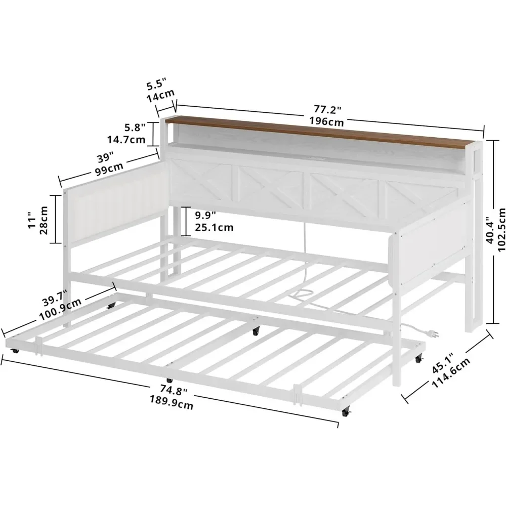 Sofá cama con nido, estructura de cama doble de metal resistente con estructura en forma de X, sofá cama tapizado de granja con estación de carga