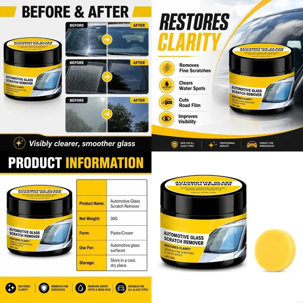 Small Automotive Glass Care Jar with Sponge Applicator, Windshield Scratch Remover Paste for Car Window Maintenance and Driver