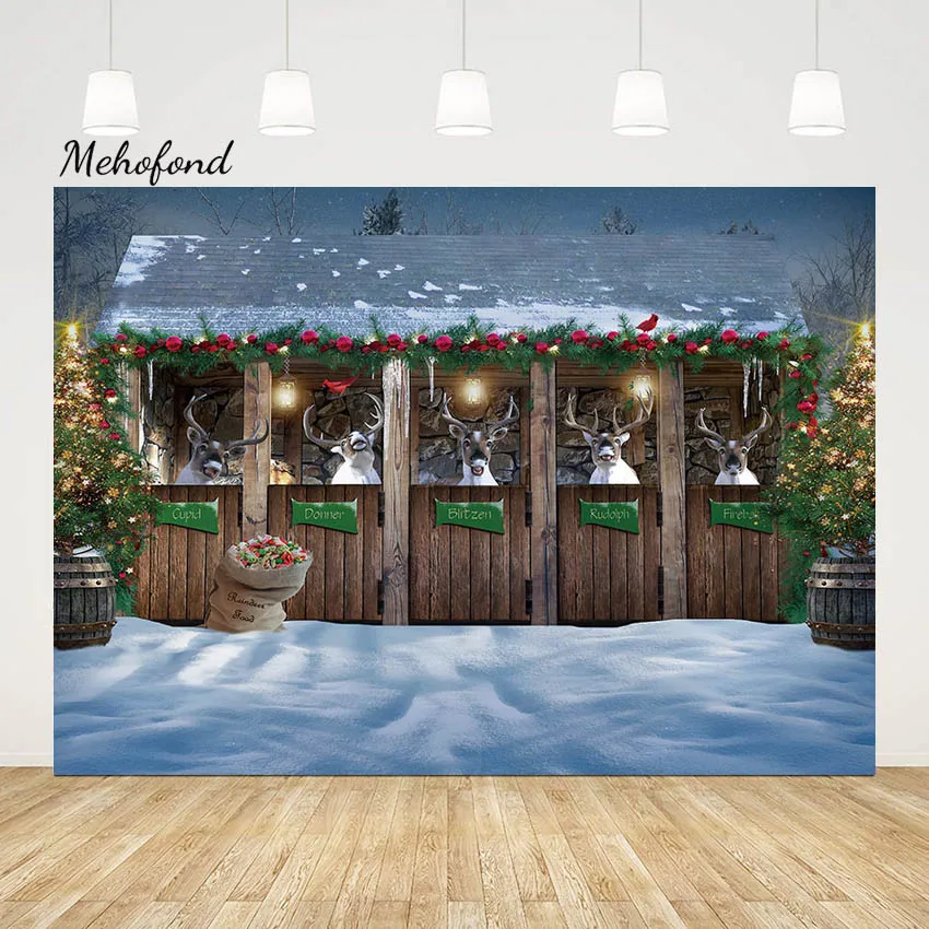 Mehofond-fondos de Fotografía de Invierno al aire libre, decoración de ciervo de Feliz Navidad, casa de madera, árbol de Navidad, bosque, noche, nieve, fondo