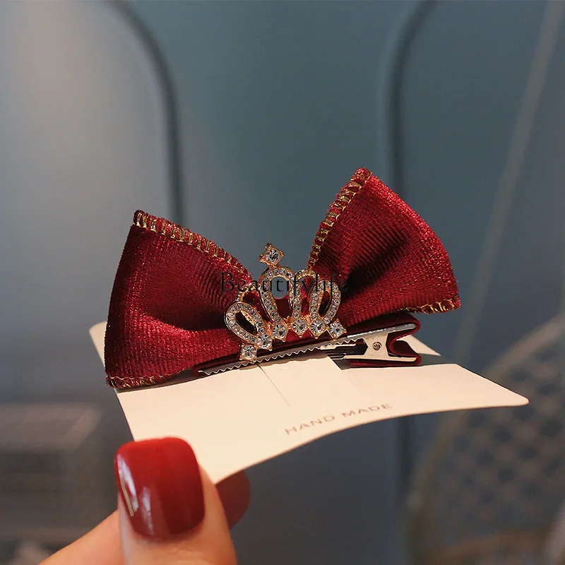 Elegant Crown Headdress High-Grade Golden Edge Velvet Red Three-Dimensional Bow Barrettes