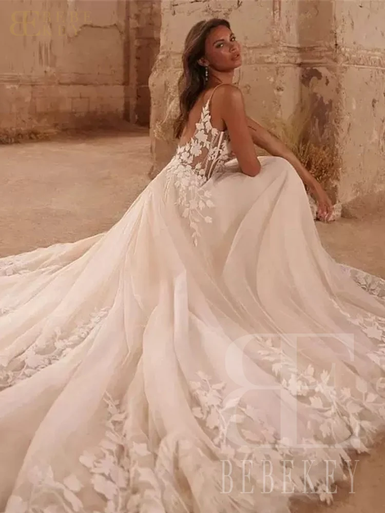 فستان زفاف BEBEKEY مخصص بحمالات رفيعة لامعة فستان زفاف نسائي برقبة على شكل حرف v فستان رسمي مزين بدون ظهر بوهو فيستدوس دي نوفيا #4