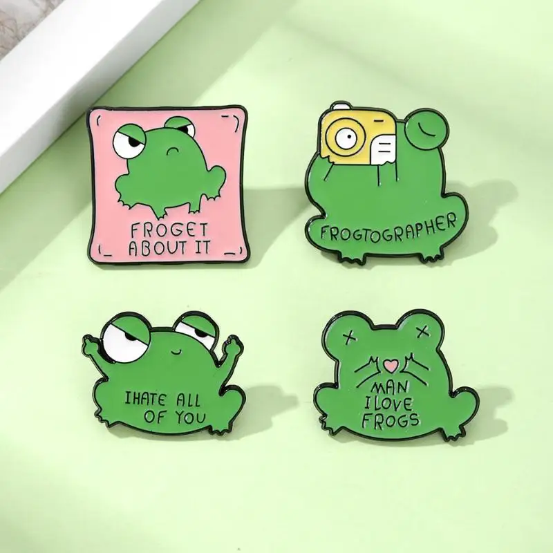 Cartoon Frog Decor Pins Creative English Slogan Lapel Badges Stylish Jacket Hat Brooch Jewelry for Birthday Gifts
