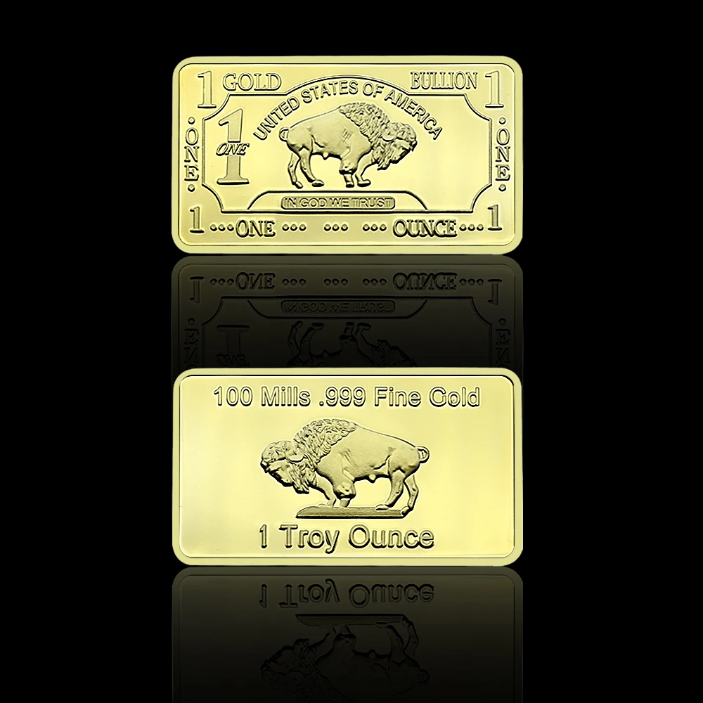 American Buffalo Gold Bar 1 Troy Ounce Bullion Handicraft Replica Gold Plated Metal Ornament Art Worth Collection Festival Gift