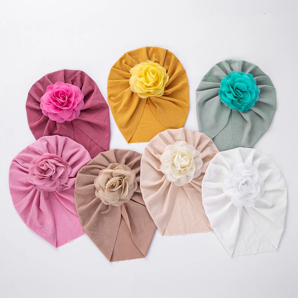 Organza Flower Baby Girls Turban Hats Thin Ribbed Knit Caps Newborn Infant Headwraps Kids Headwear Bohemia Hospital Headdress