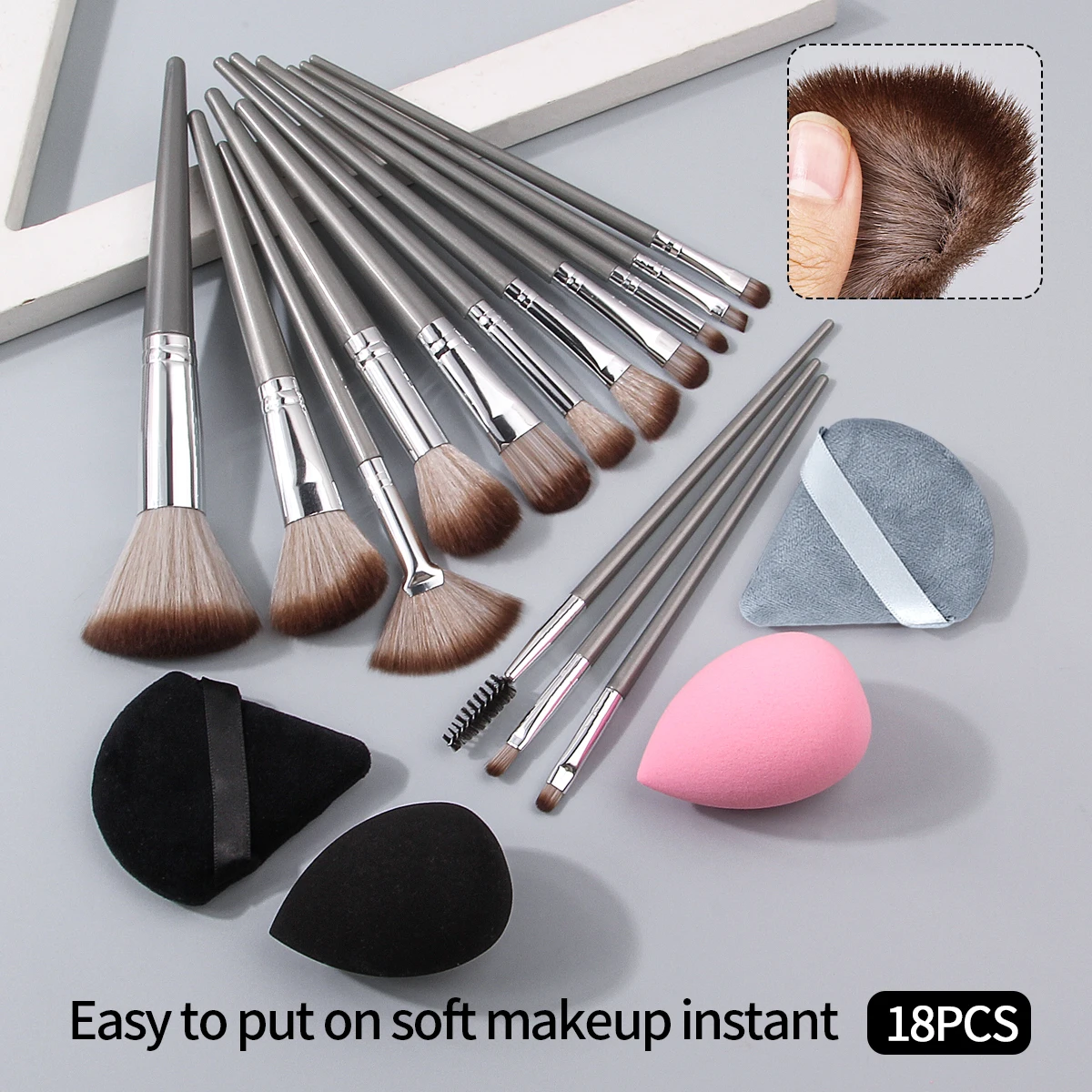 Ensemble de pinceaux de maquillage de haute qualité, 18 pièces, pinceau de maquillage pour le visage multifonctionnel + œuf éponge haute résilience + bouffée de poudre triangulaire