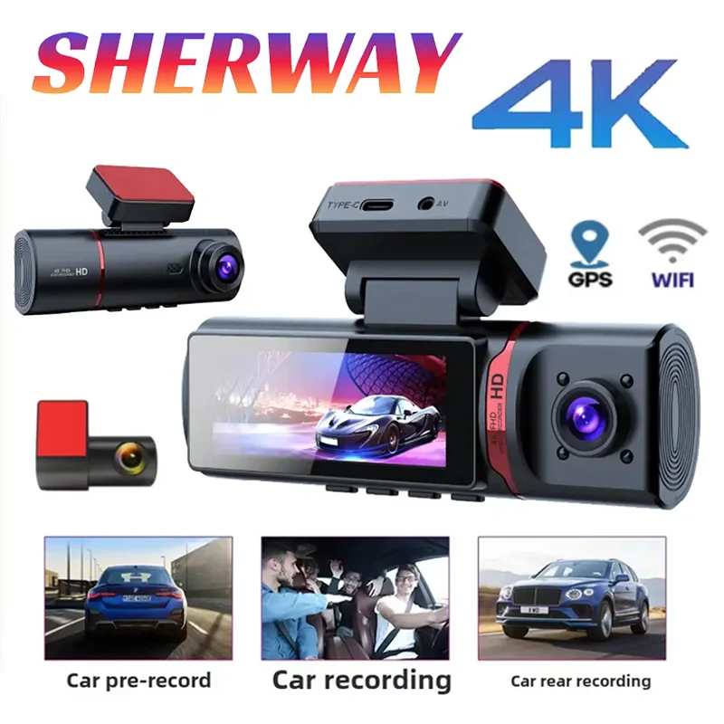Cameră Auto Triplă Full HD cu WDR, Ecran 4 inch, Înregistrare Trafic