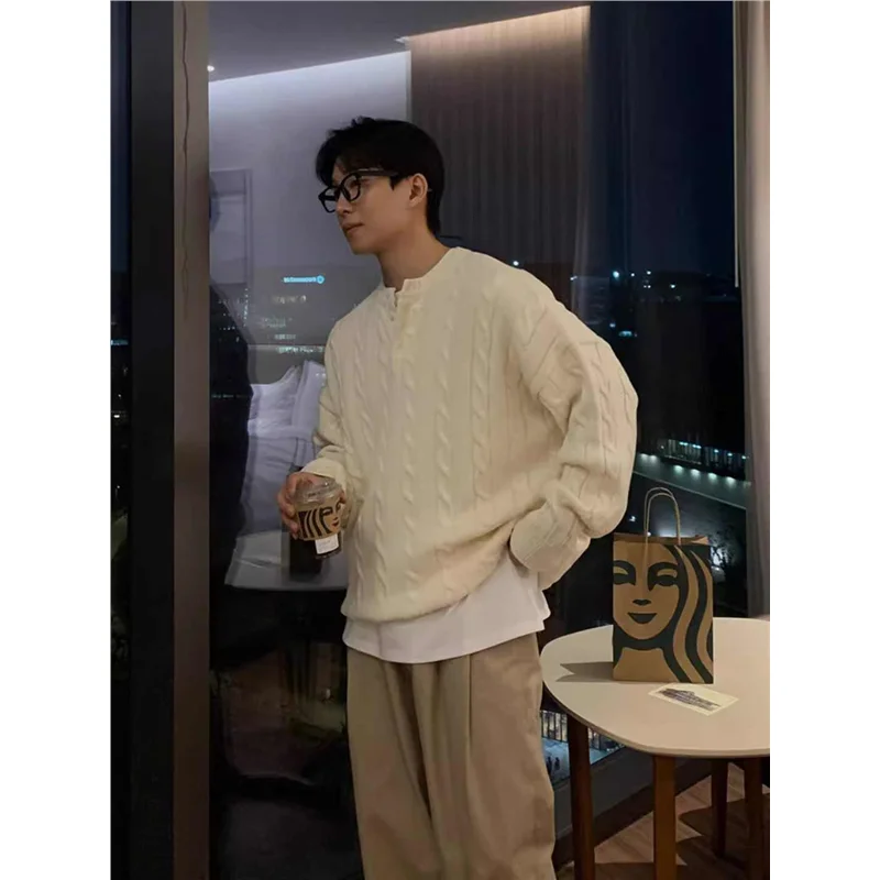 

Вельветовый трикотаж, мужской свитер на осень-зиму, ленивый высококачественный свитер с воротником Генри, бежевый, внутренняя одежда, тяжелый вязаный S...