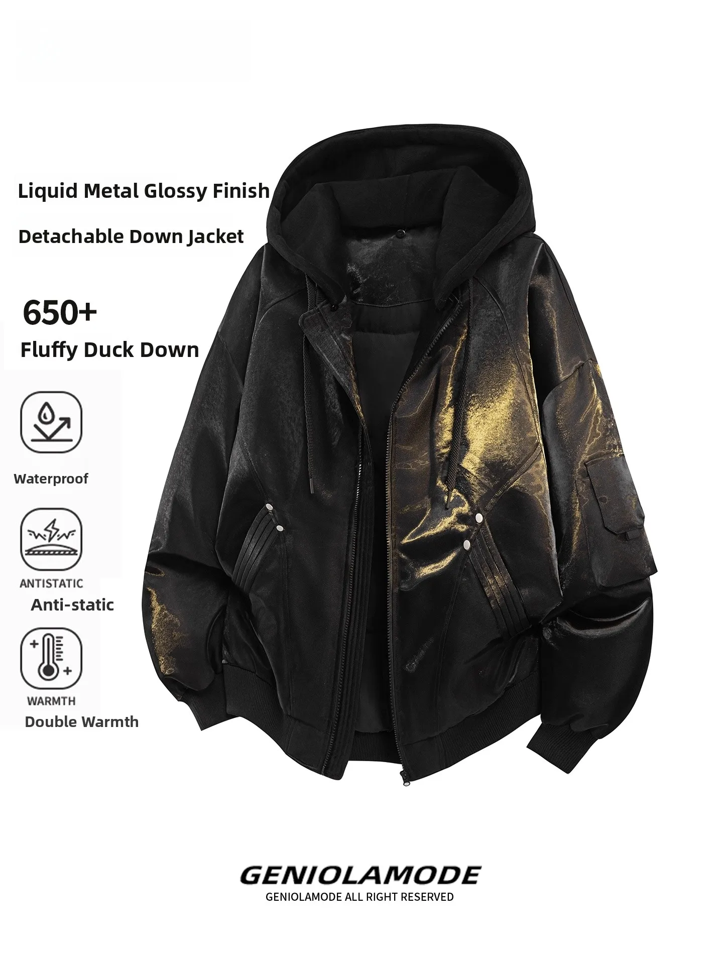 

Genio Lamode Men's Detachable Liquid Metal PU Leather down Jaet Winter Street Sle Faionable Quilted Coat with Hood