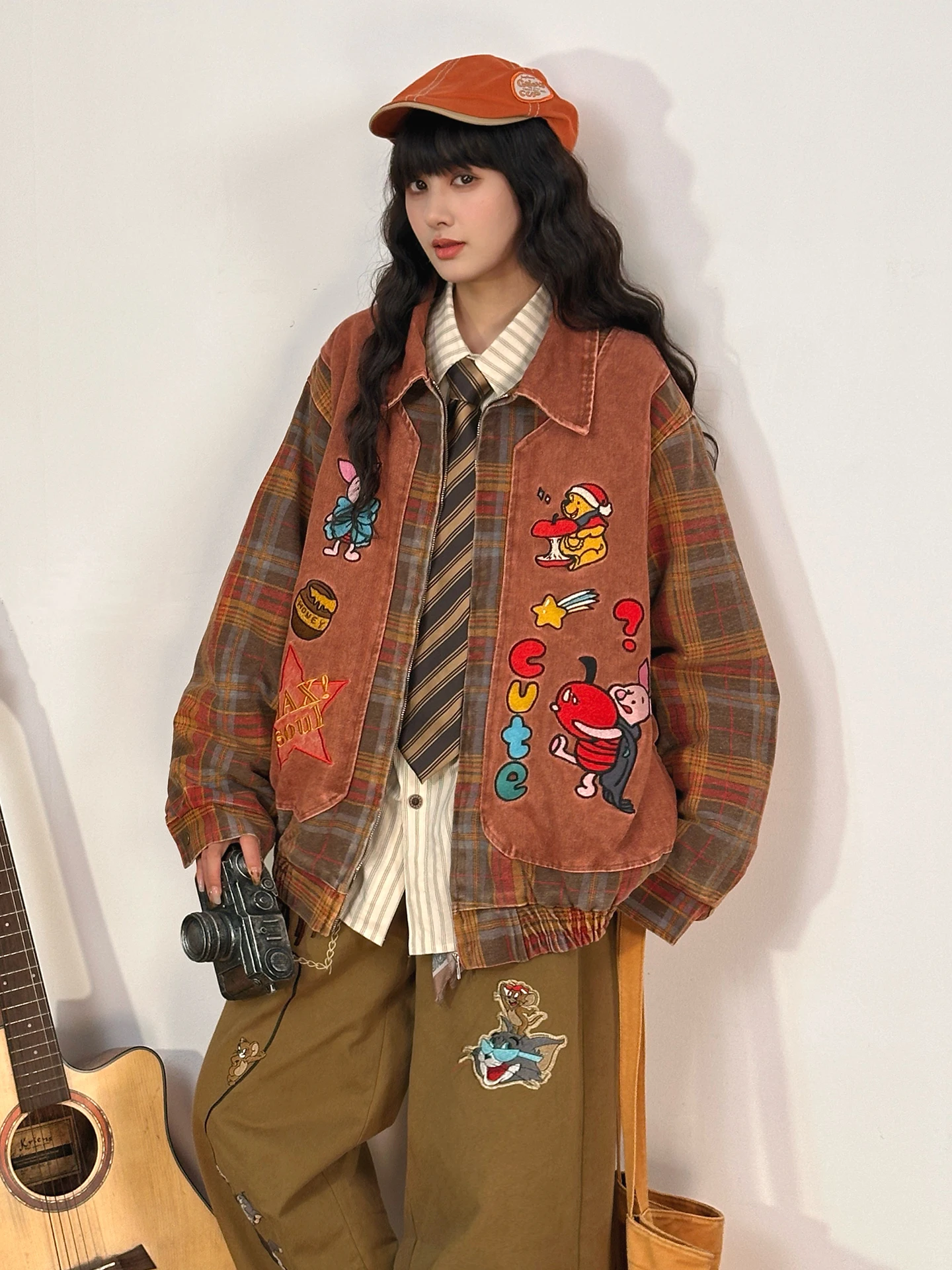 

Warmth And Sle: Women's Patchwork Plaid Embroidered Jaet Cotton Coat Thi Winter Outerwear Street Sle Loose Fit Zipper...