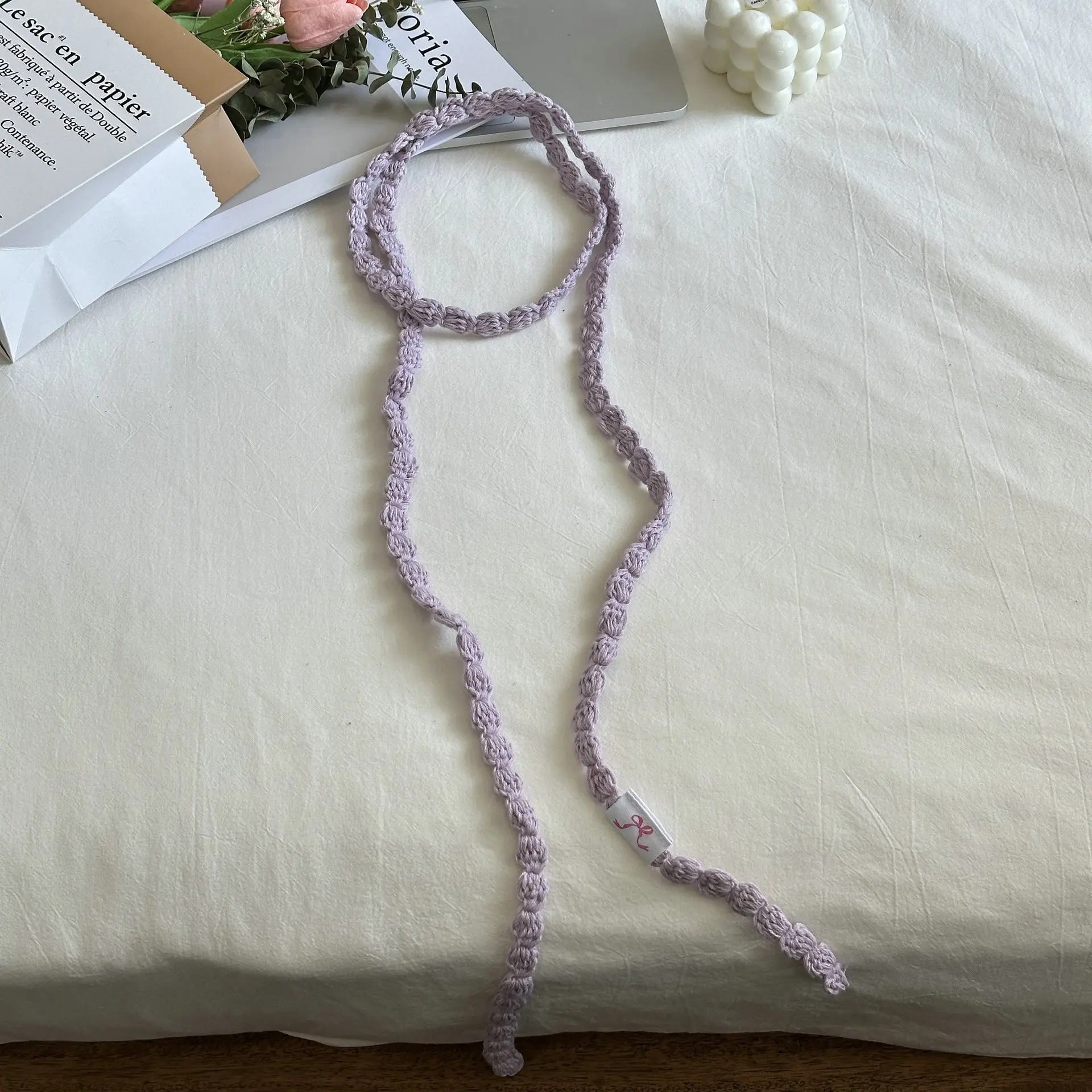 New Dopamine Color Ribbon Handmade Crochet Knitted Silk Scarf Sweet Cool Hot Girl Neck Band Decoration Japanese Style Headband