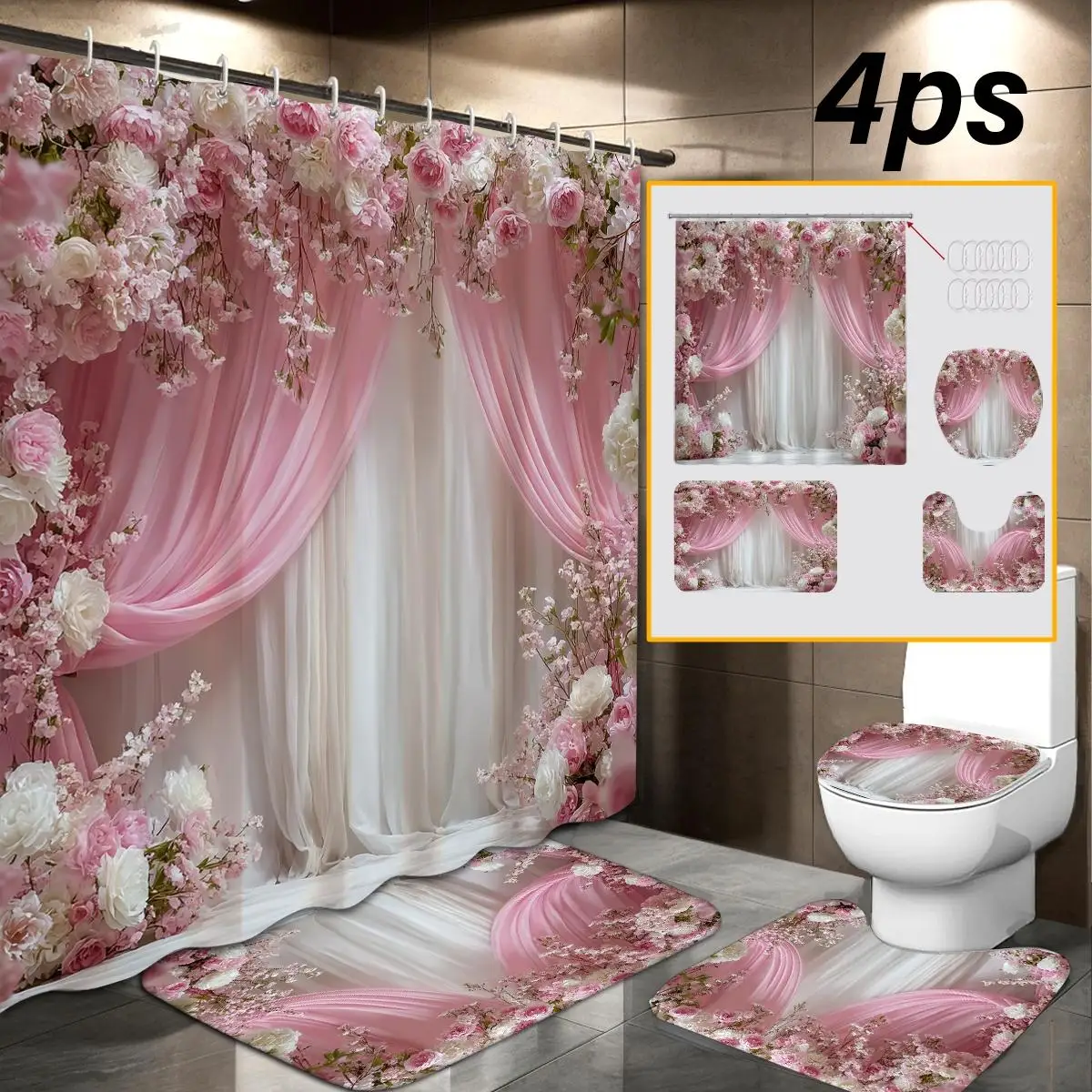 1Pc/4Pcs 3D Printed Shower Curtain, Four-Piece Shower Curtain Set, Bathroom Floor Mat, Toilet Seat Cover, U-Shaped Floor Mat, Valentine's Day Series Pink Rose Pattern, Waterproof Fabric, Includes 12 Plastic Hooks, No Drilling Required, Easy to Install, Perfect Home Decoration, Suitable for the Bathroom, Made of Stylish and Durable Polyester Fiber Material, Easy to Clean and Maintain, Ideal Gift Choice, Suitable for Giving to Wife and Family.