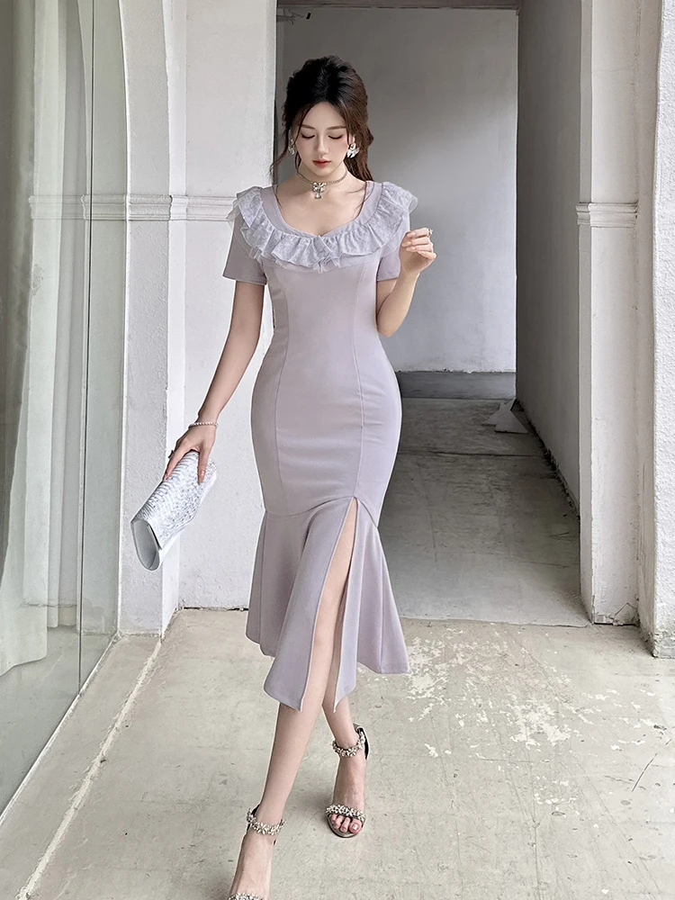 Französisches elegantes Fischschwanz-Bodycon-Kleid, Sommer, Rüschen, Rundhalsausschnitt, kurze Ärmel, hohe Taille, schlankes Schlitz-Temperament, langes Kleid für Damen