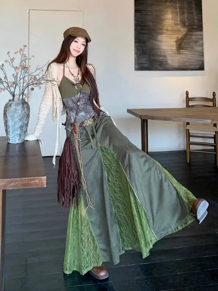 Conjunto de Falda Midi Retro Verde con Cuello Halter para Mujer, Ropa de Moda para Vacaciones de Primavera, Falda Corta de Cintura Alta
