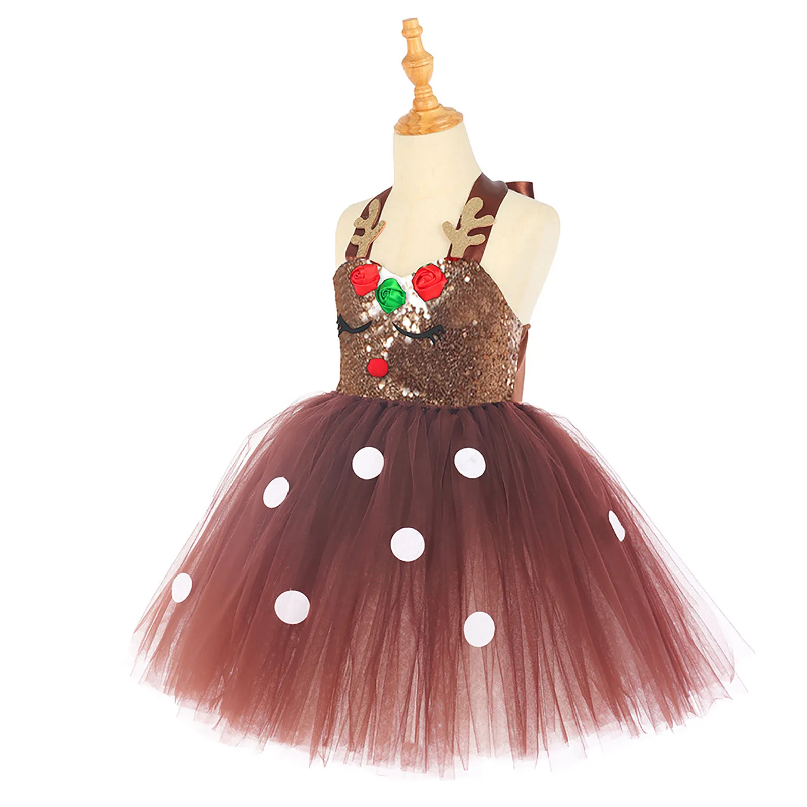 Weihnachtsgeschenk Braun Pailletten Hirsch Weihnachtskostüme für Mädchen Prinzessin Kleider Kinder Rentier Cosplay Outfit Kinder Neujahr Kleidung