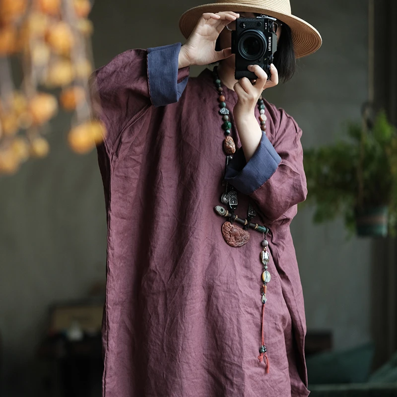 100% الكتان المرأة فستان طويل غير رسمي جديد وصول 2025 الخريف خمر الوقوف طوق بلون المتضخم فساتين الإناث M2061